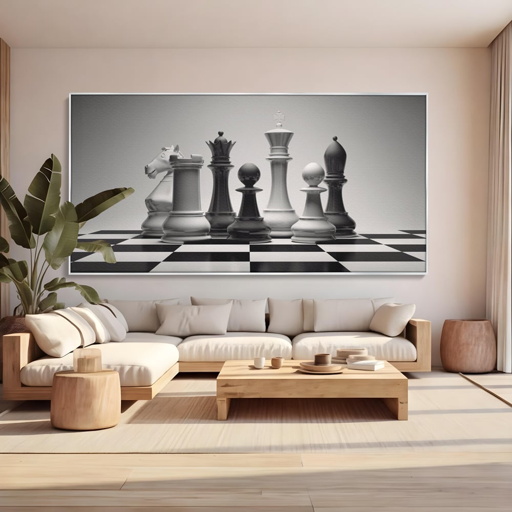 Tablou canvas cu tablou canvas cu piese de sah alb-negru, in rama de aluminiu argintiu, pe perete intr-un living